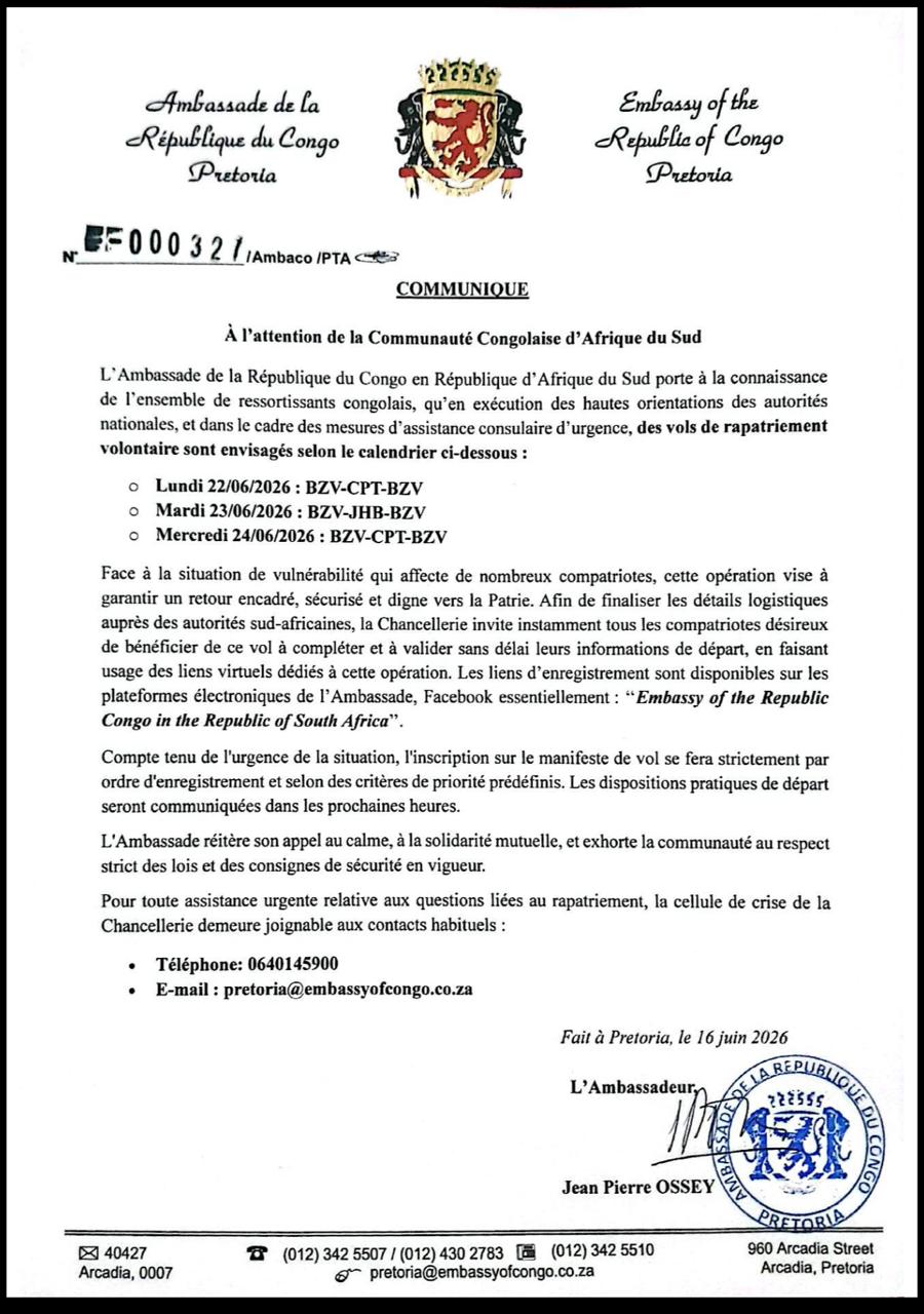 Rapatriement d’urgence : Le Congo organise le retour de ses ressortissants depuis l’Afrique du Sud